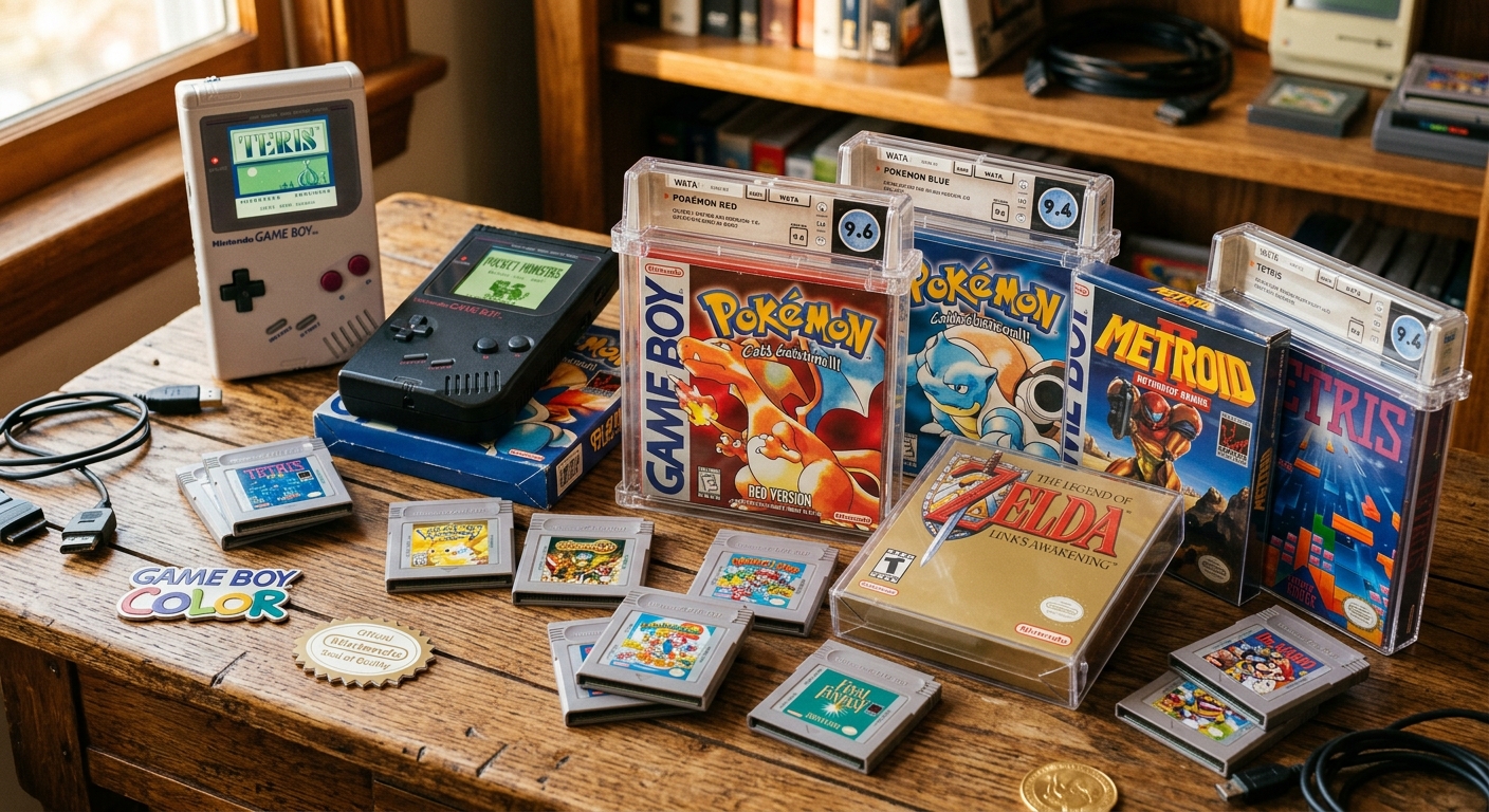 Seltene Game Boy Spiele Cartridges als Sammlerstücke auf Holztisch
