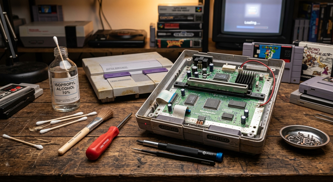 SNES Super Nintendo Konsole restaurieren – Werkzeug und Platine auf Werkbank