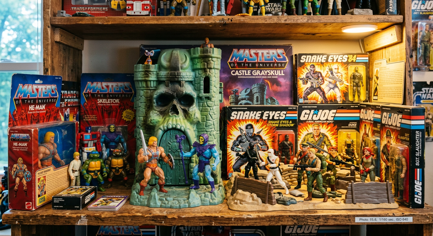 Bunte Actionfiguren der 80er Jahre auf einem Holzregal - He-Man, GI Joe und weitere Sammlerstücke