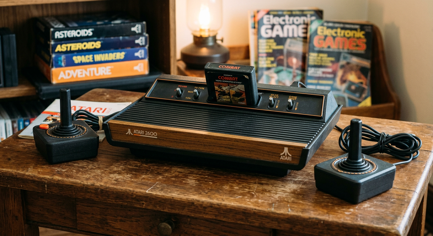 Atari 2600 Konsole mit Holzoptik und schwarzen Joysticks als Sammlerstuck