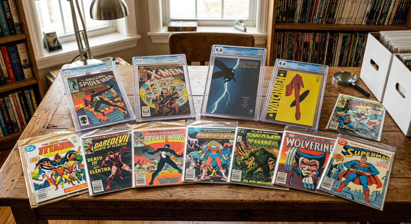 Vintage Comic-Hefte in Schutzhüllen auf einem Holztisch - Sammler-Bewertung