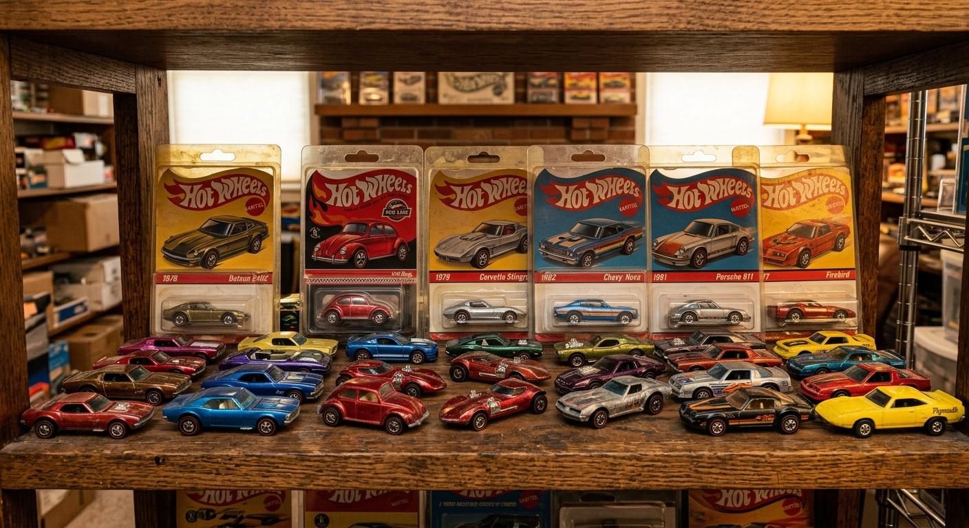 Hot Wheels Red Line Modelle in Originalverpackung auf Holzregal