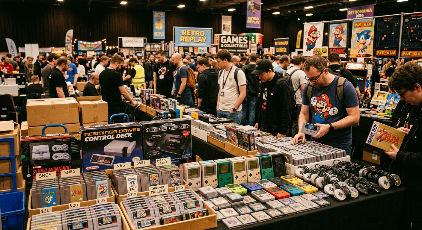 Retro-Gaming-Messe mit SNES, NES und Game Boy Spielen auf Verkaufstischen