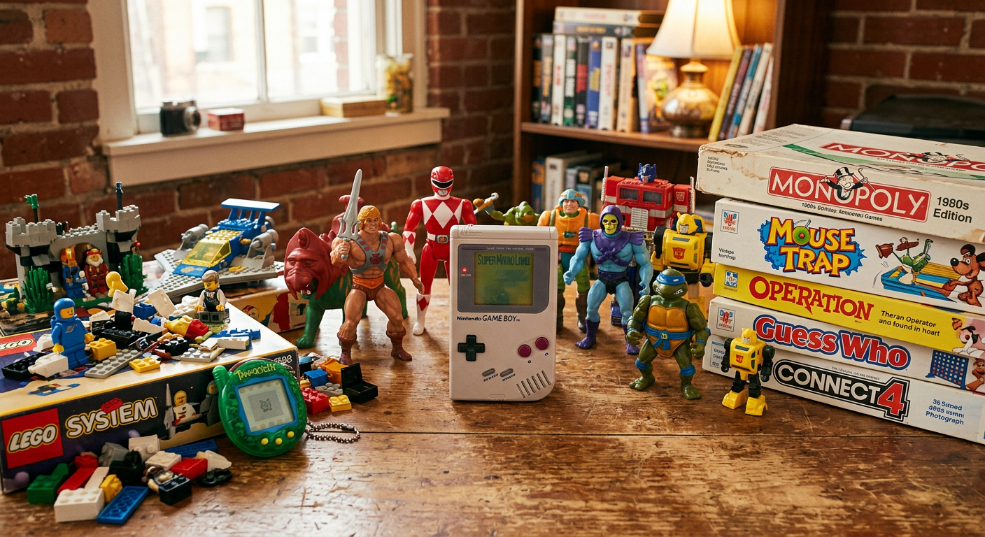 Vintage Spielzeug aus den 80er und 90er Jahren auf einem Holztisch - Game Boy, Actionfiguren, LEGO
