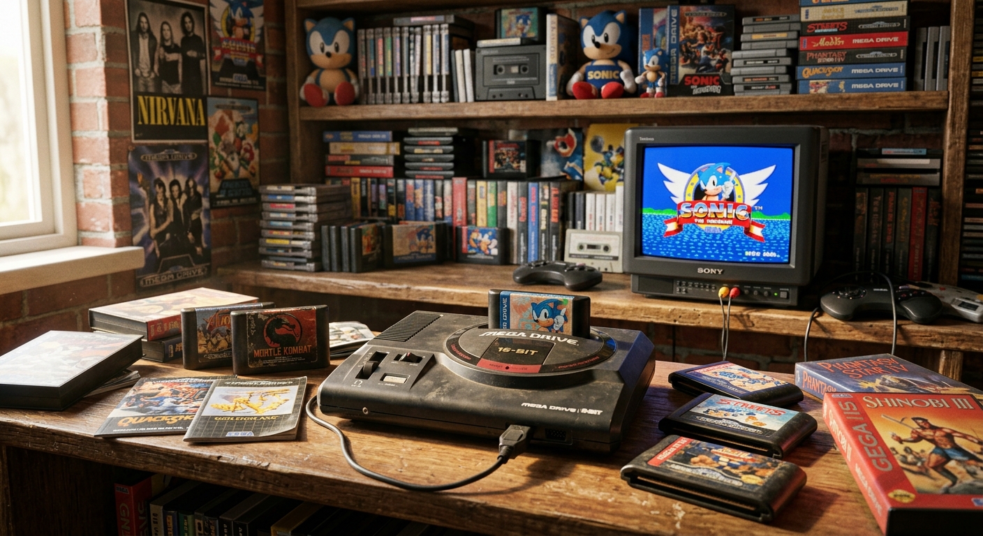 Sega Mega Drive Konsole mit Spielkassetten auf einem Sammlerregal