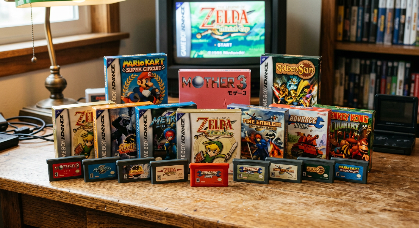 Seltene Game Boy Advance Spiele Cartridges als Sammlerstücke auf Holztisch