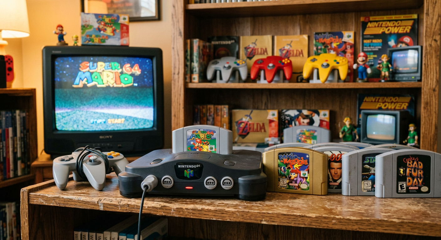 Nintendo 64 Konsole mit wertvollen Spielen auf Holzregal