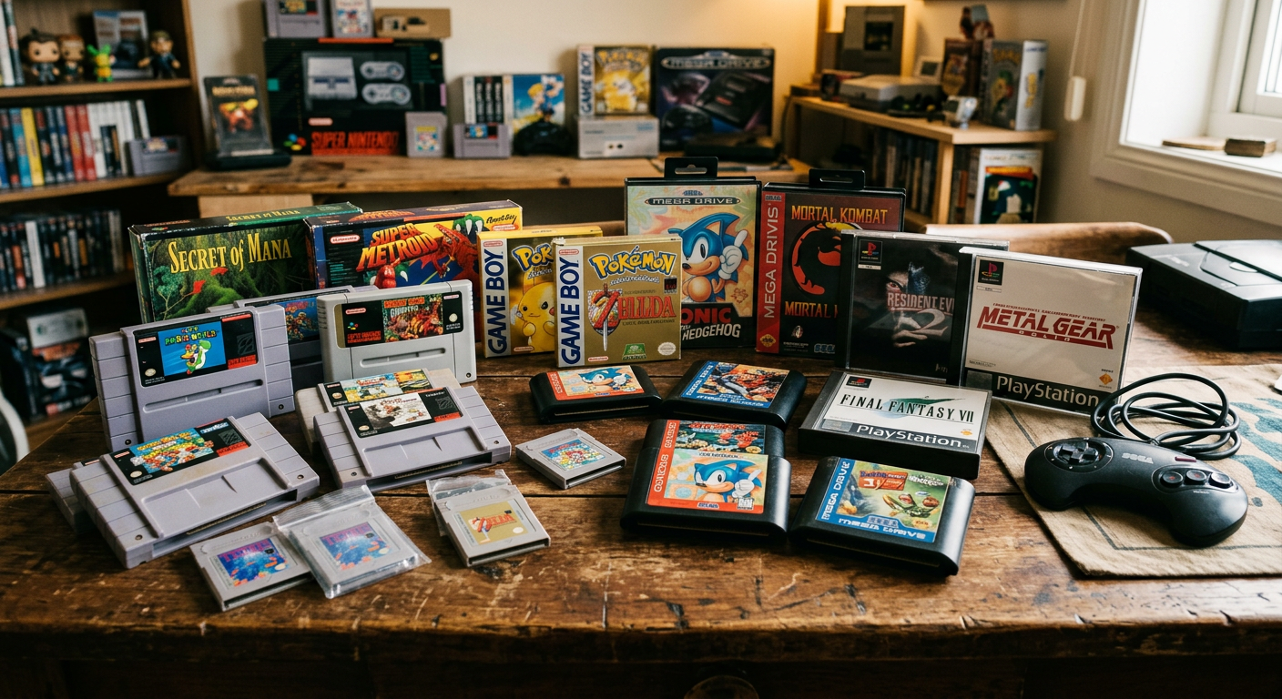 Klassische Retro-Spielekassetten von SNES, Game Boy und PlayStation auf einem Holztisch