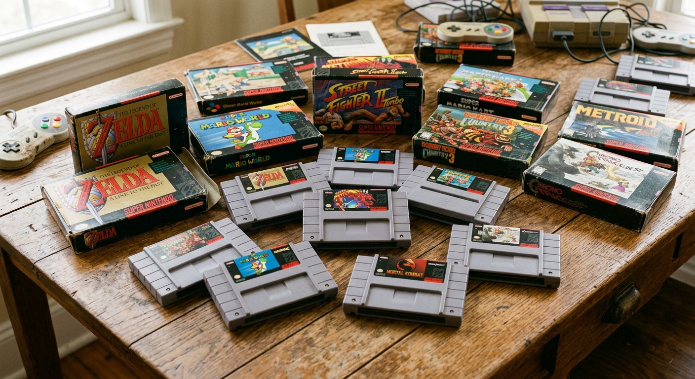 Wertvolle SNES Super Nintendo Spiele Kartuschen auf Holztisch