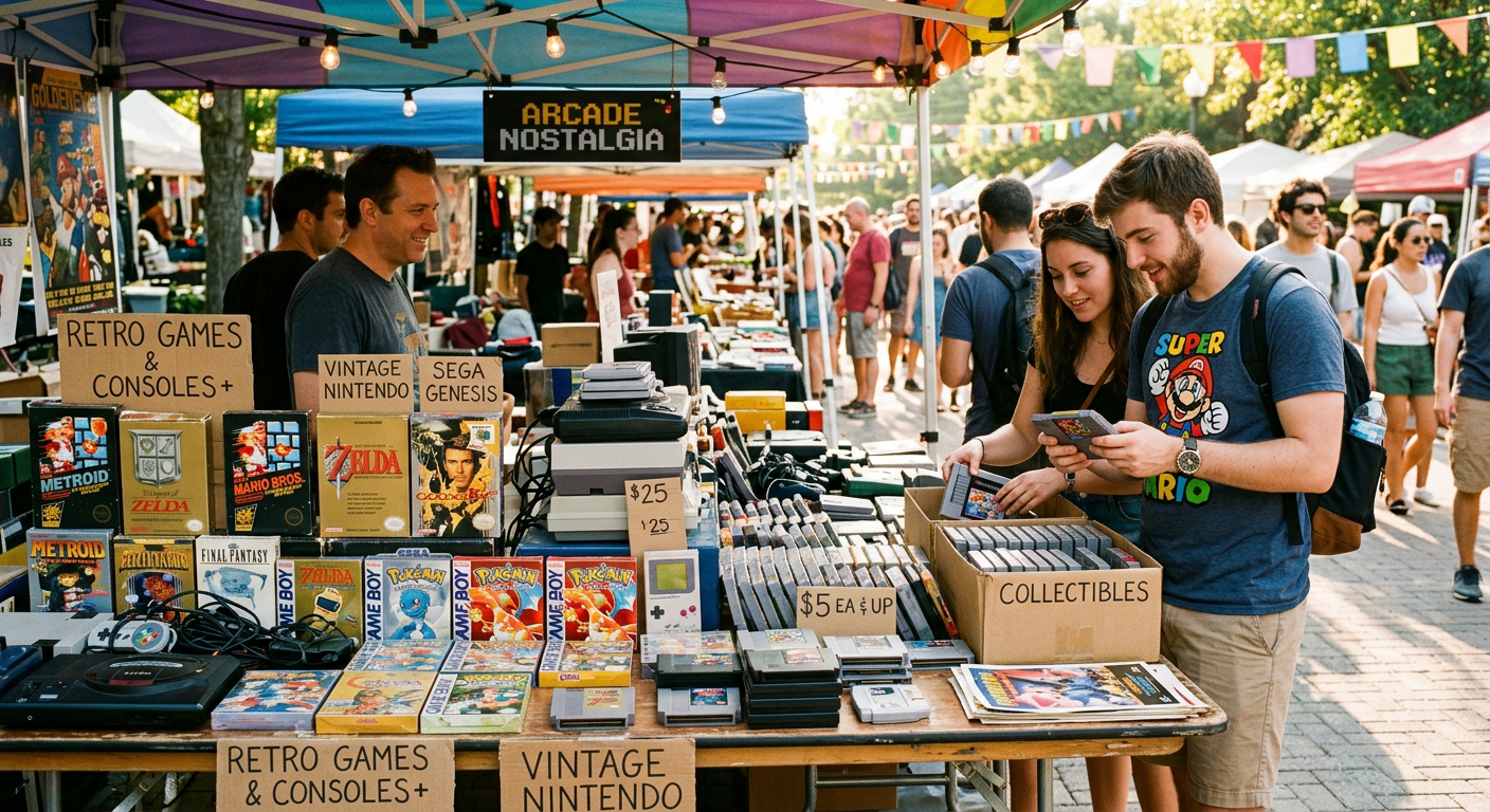 Retro-Gaming-Sammler auf einem Sommerflohmarkt - bunte Stände mit Konsolen und Spielen