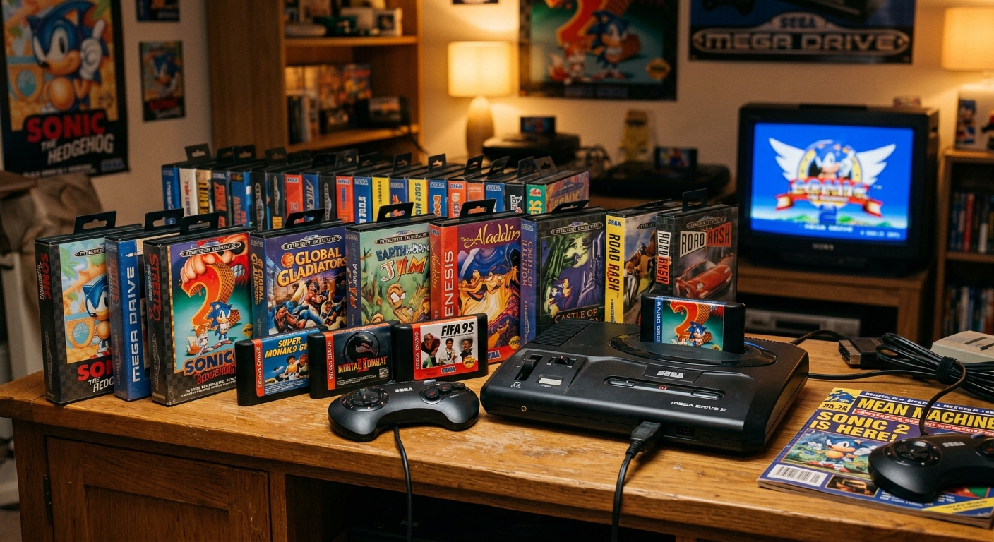 Sega Mega Drive Konsole mit wertvollen Spiele-Cartridges als Sammlerstücke