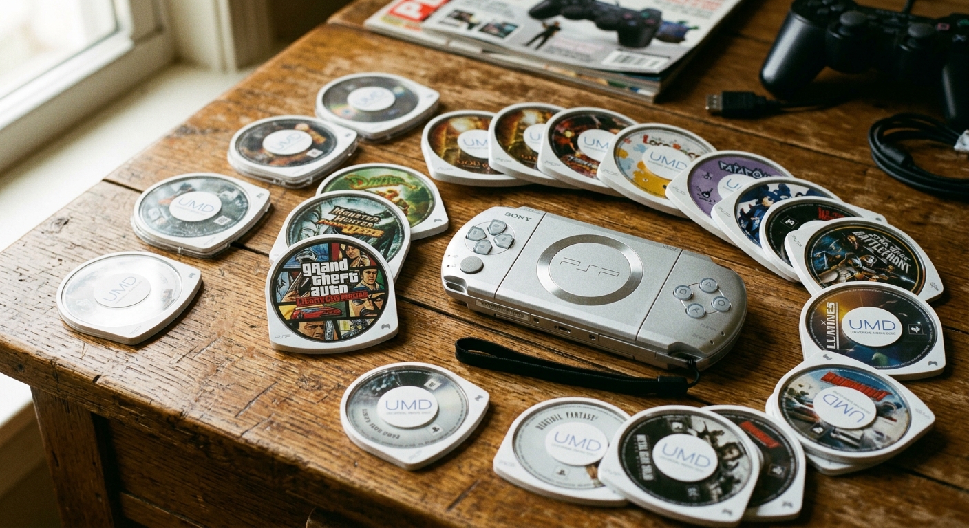 Seltene PSP Spiele UMD Discs und Sony PSP-2000 Konsole - Retro-Gaming Sammlerstücke
