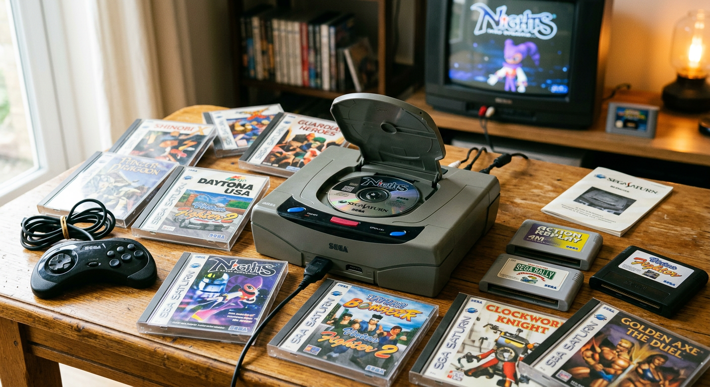 Sega Saturn Konsole mit wertvollen PAL-Spielen auf Holztisch