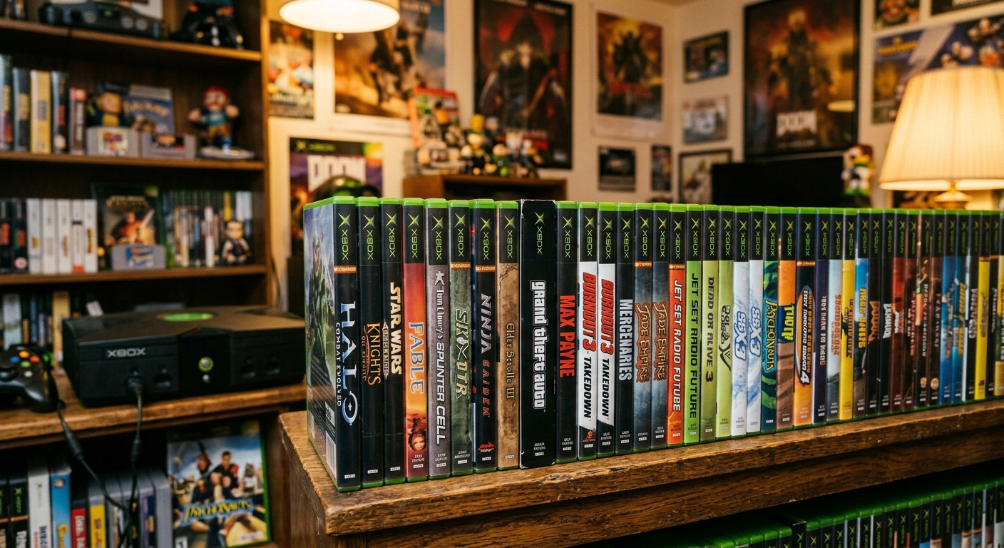 Original Xbox Spiele Sammlung auf einem Regal - wertvollste Retro-Gaming Titel