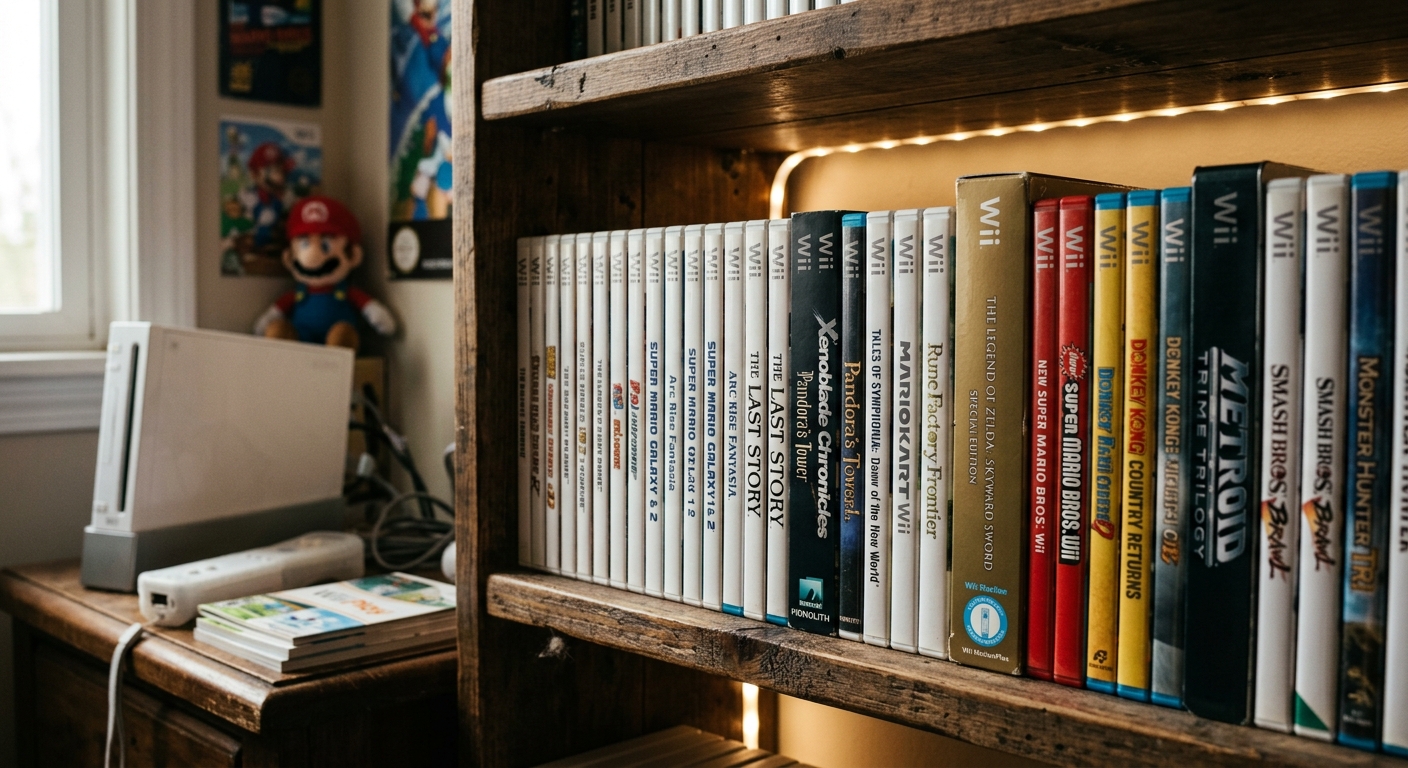 Nintendo Wii Spiele Sammlung: Wertvolle Titel und Sammlerstücke auf einem Regal